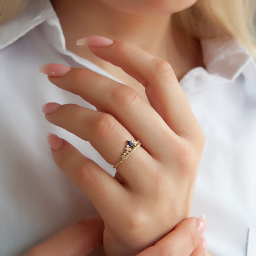 14K Gold Diamond Sapphire Crown Ring