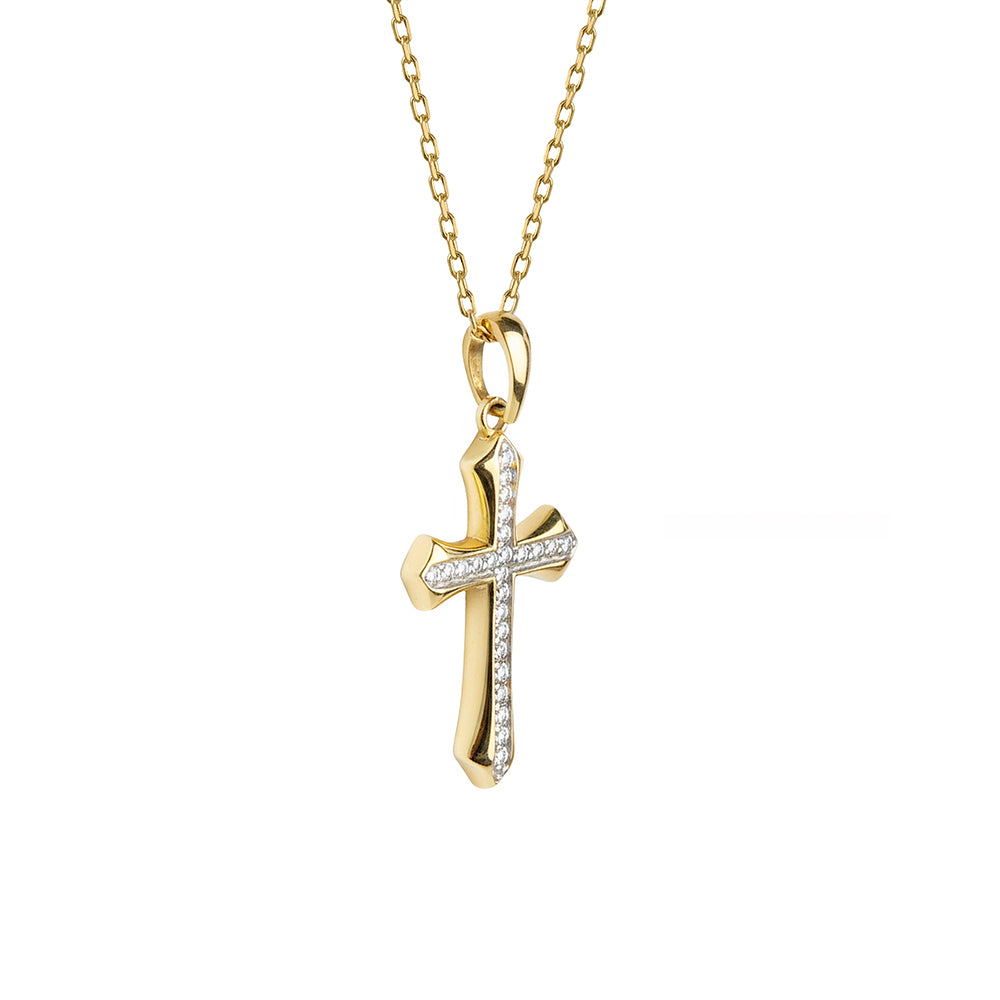 14K Gold Diamond Cross Necklace / Vintage Style Christian Pendant
