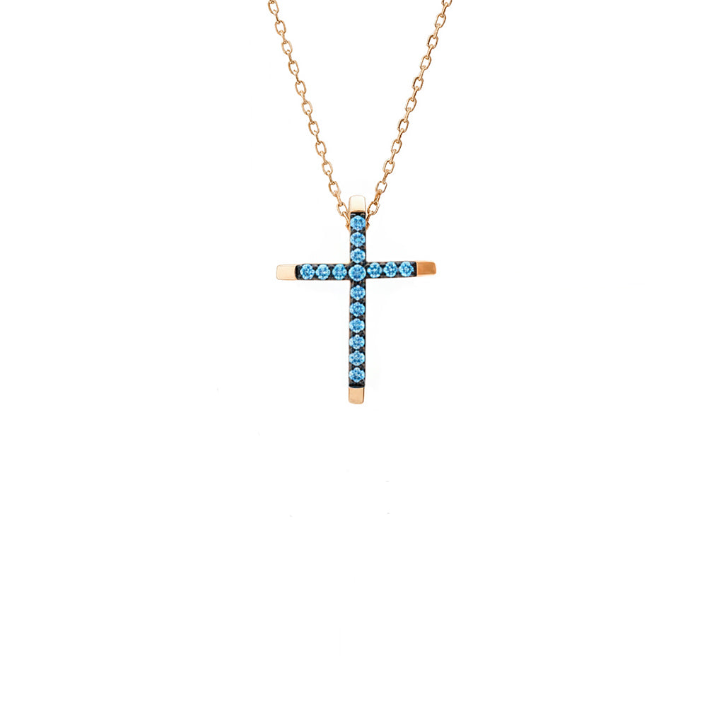 14K Gold Religious Pendant / Aquamarine Cross Necklace