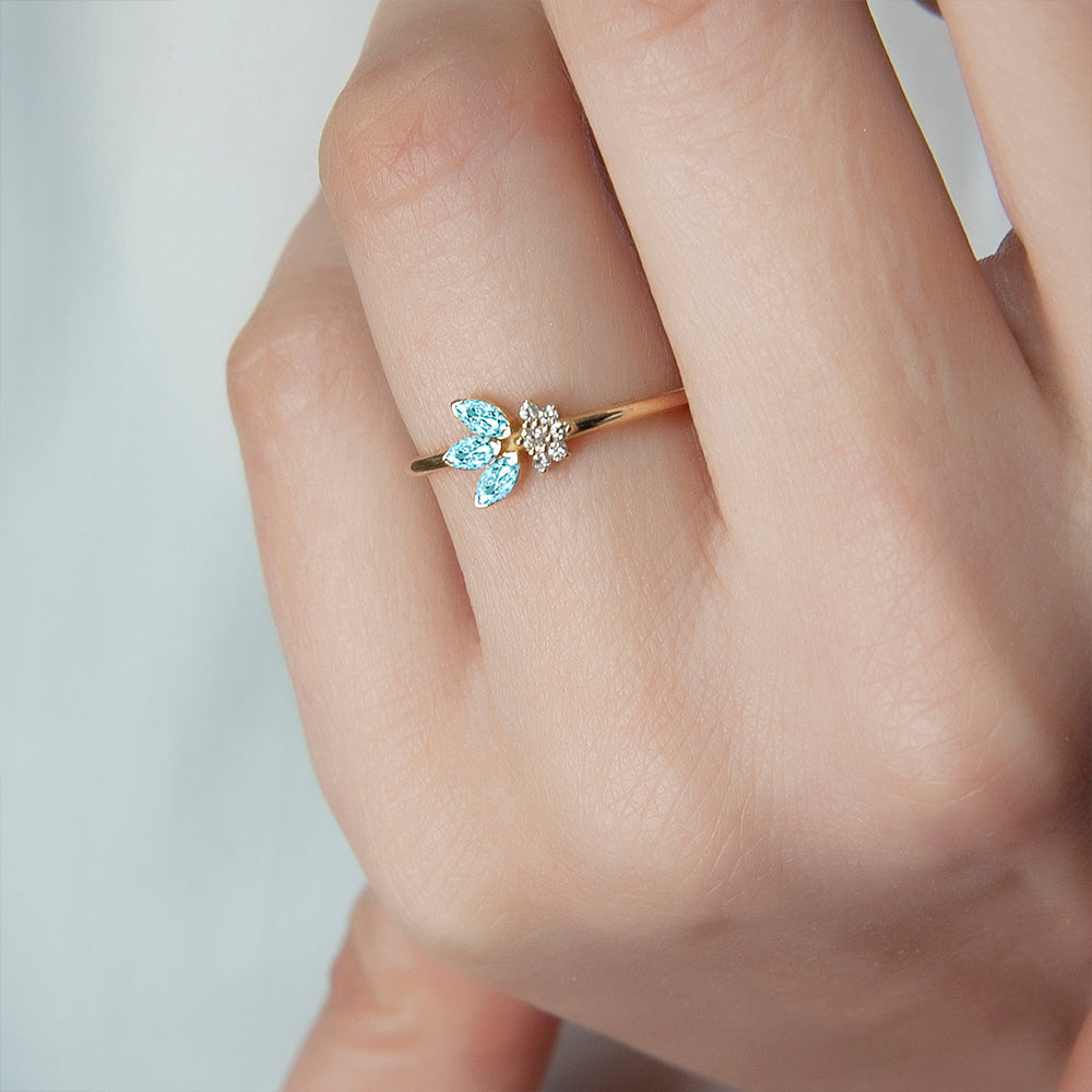 14K Gold Aquamarine Leaf Ring / Diamond Ring