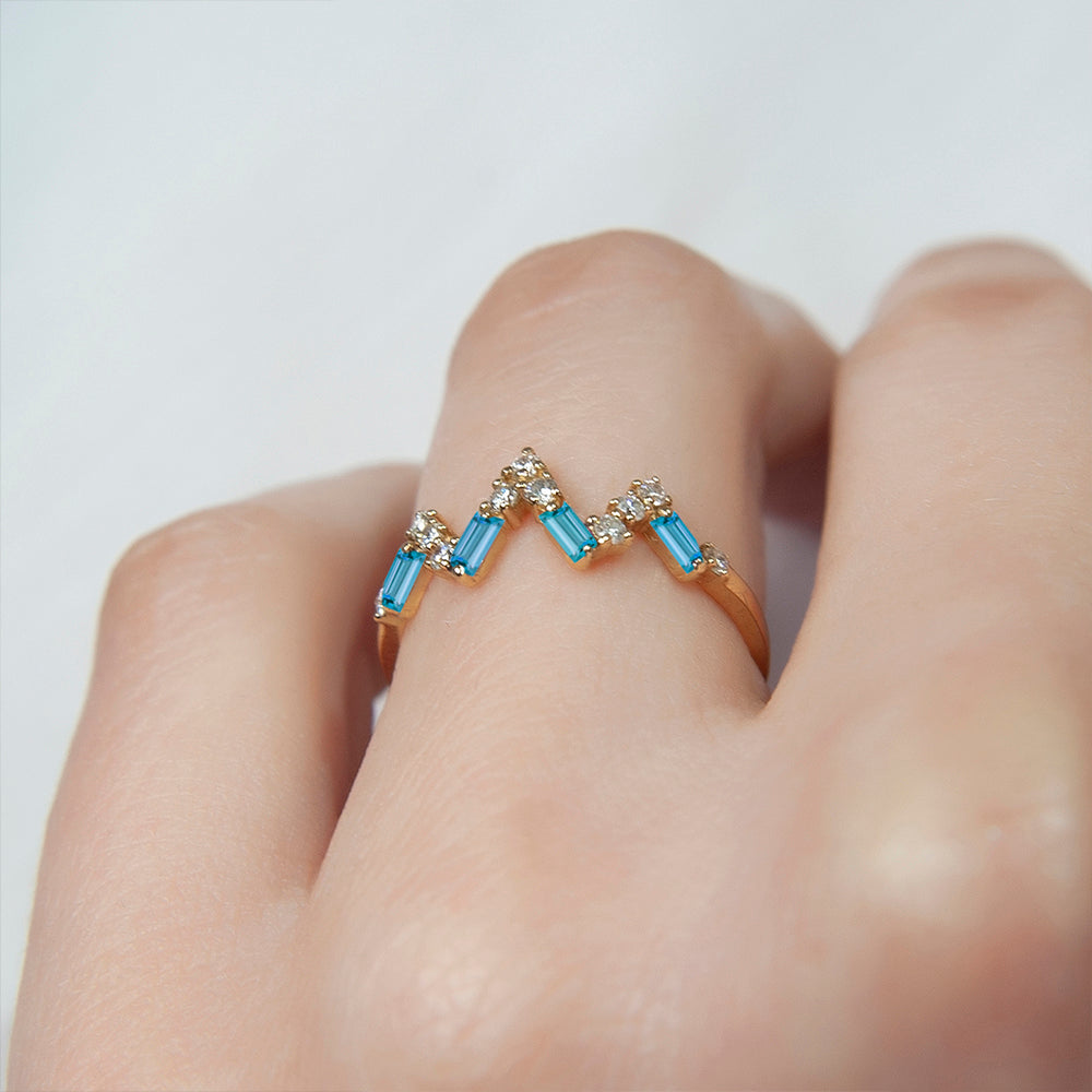 14K Gold Aquamarine Crown Ring, Diamond Chevron Ring