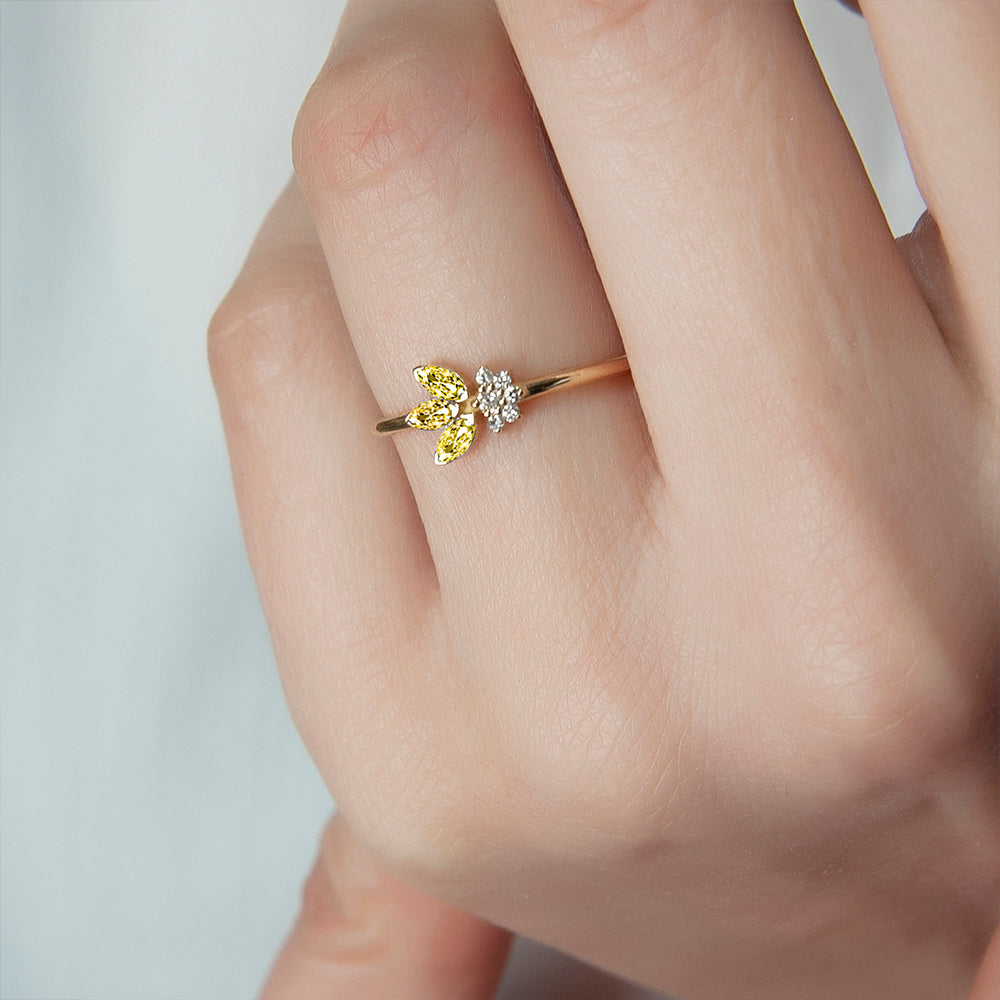 14K Gold Diamond Citrine Leaf Ring