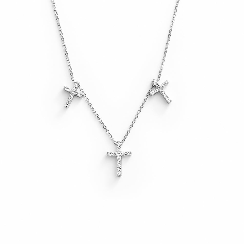 14K Gold Triple Cross Necklace / Diamond Cross Necklace