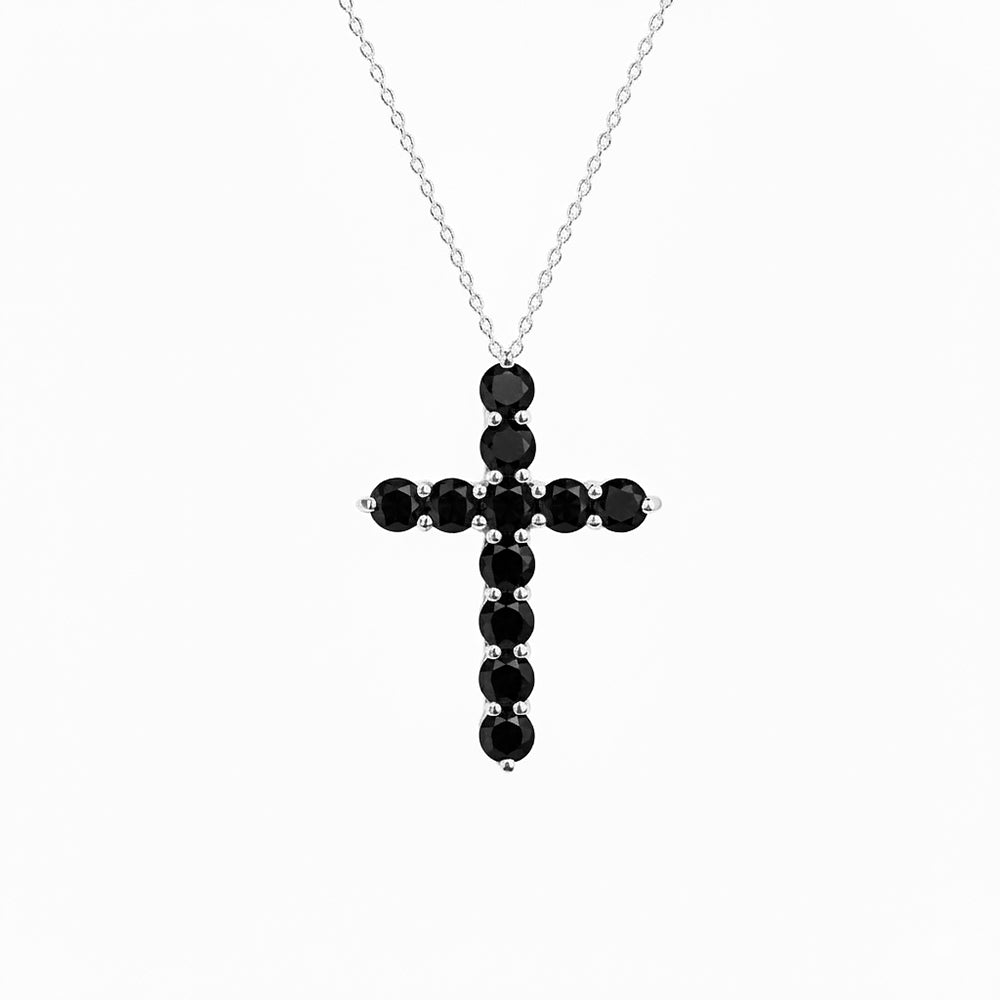 14K Gold Black Diamond Cross Necklace / Modern Religious Pendant