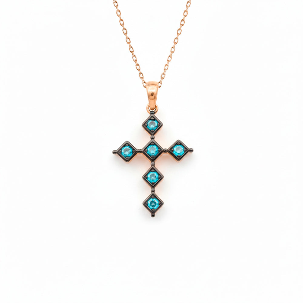 14K Gold Aquamarine Cross Necklace / Bezel Aquamarine Cross