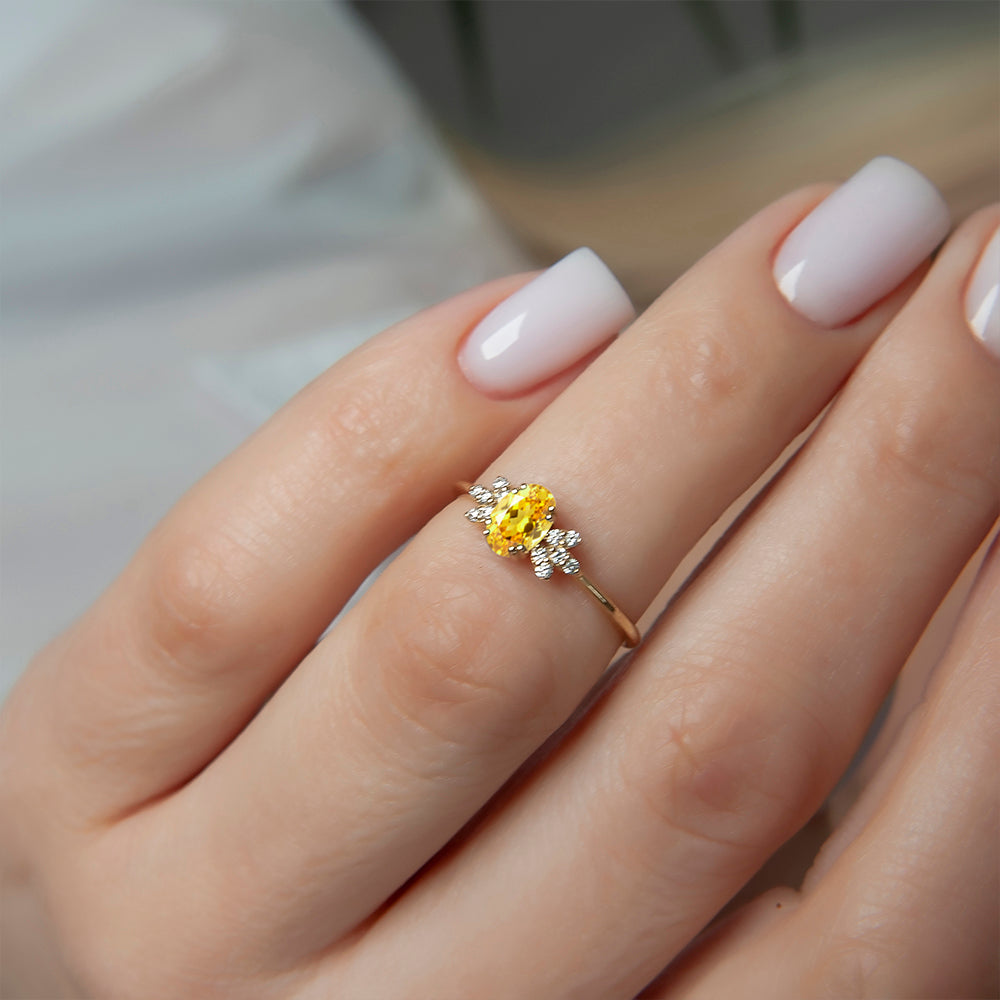 14K Gold Diamond Oval Citrine Ring