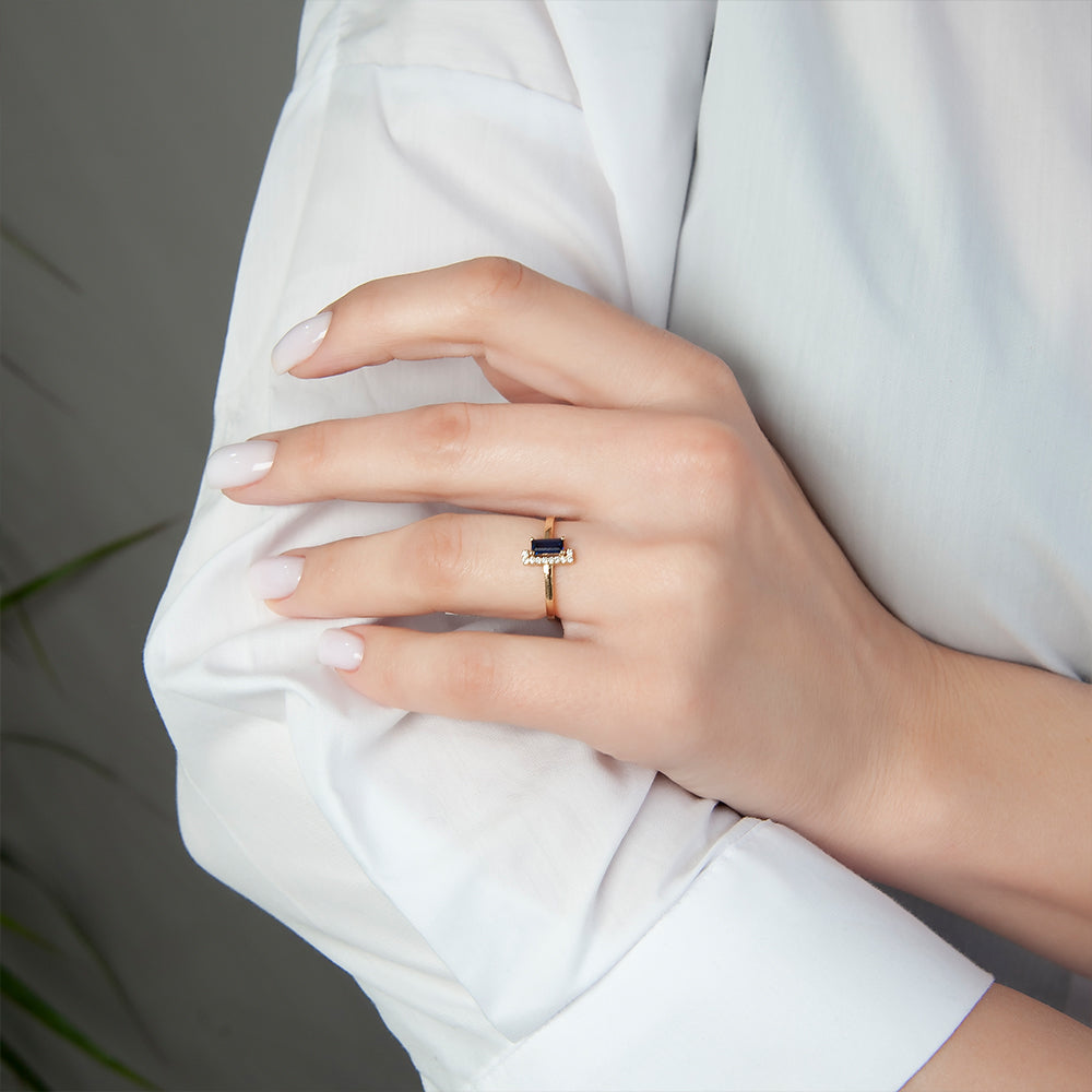 14K Solid Gold Baguette Diamond Sapphire Ring