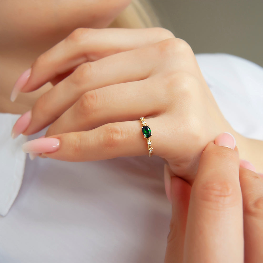 East West Emerald Ring / Oval Emerald Diamond Ring