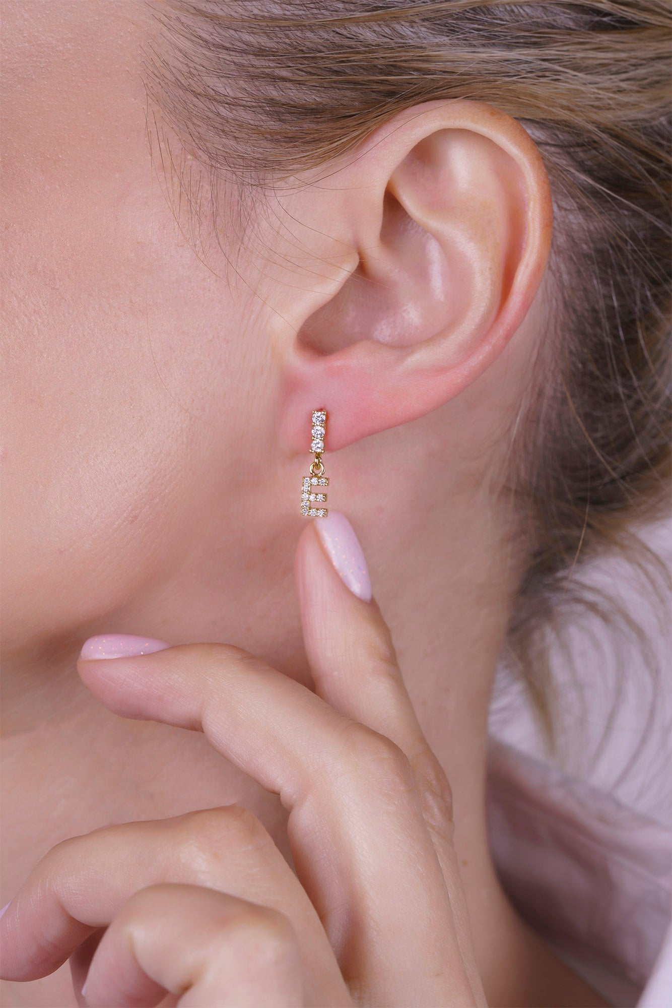 14K Gold Diamond Letter E Earring