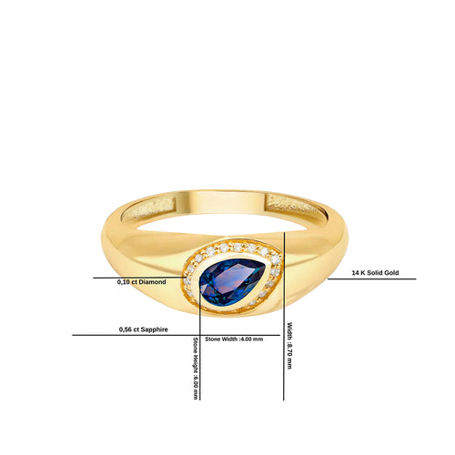 14K Gold Blue Sapphire & Diamond Pear-Shaped Signet Ring