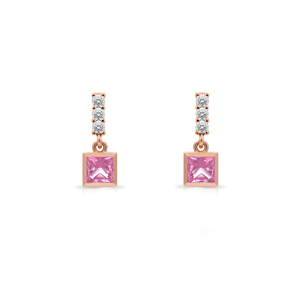 14K Gold Pink Sapphire Square Earrings