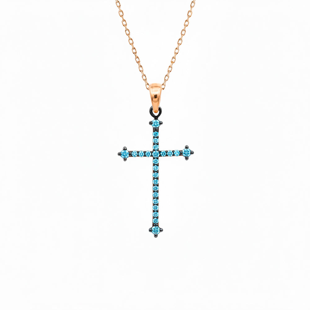 14K Gold Christian Cross Necklace / Aquamarine Birthstone Pendant