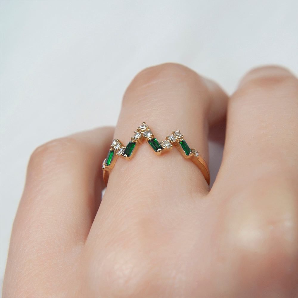 Gold Diamond Emerald Color V Shape Ring, 14K Solid Gold Emerald Ring