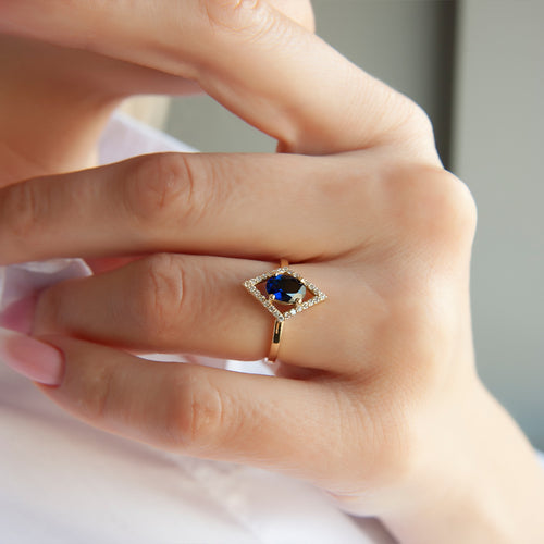 14K Gold Diamond Oval Sapphire Solitaire Ring