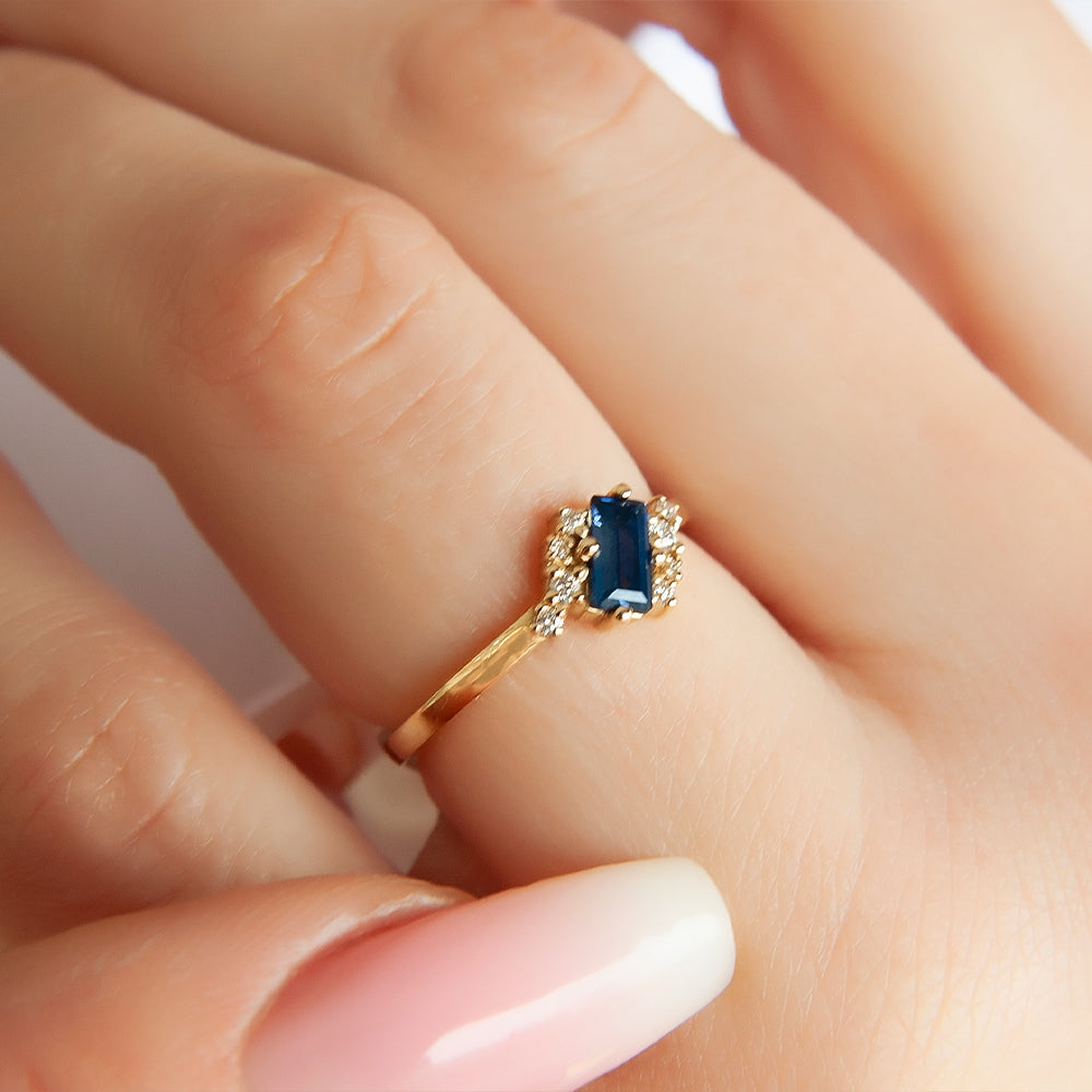 14K Gold Baguette Diamond Sapphire Ring