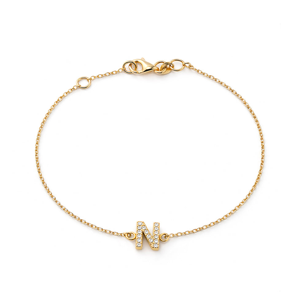 Diamond Initial Bracelet / 14K Gold Letter N Bracelet