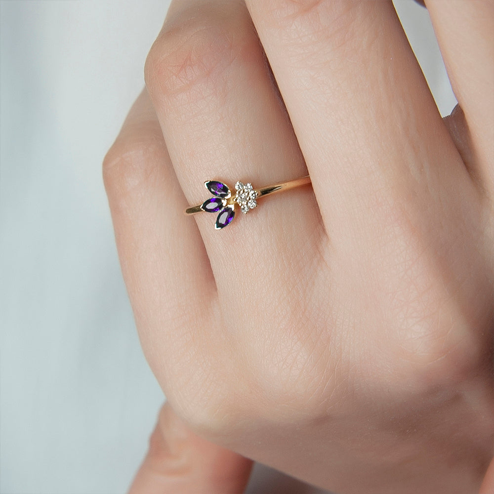 14K Gold Amethyst Diamond Leaf Ring / Amethyst Botanical Branch