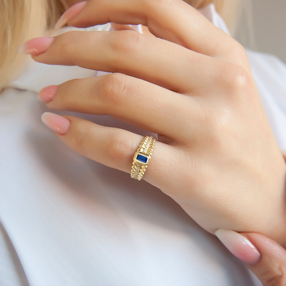 14K Gold Natural Sapphire Double Row Ring