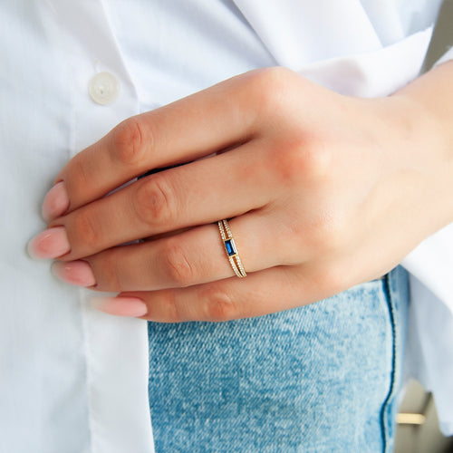 14K Gold Baguette Diamond Sapphire Ring