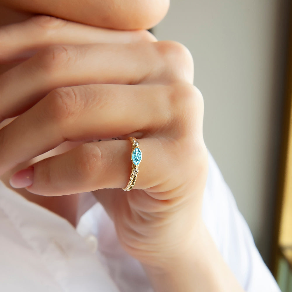 14K Gold Natural Aquamarine Marquise Ring
