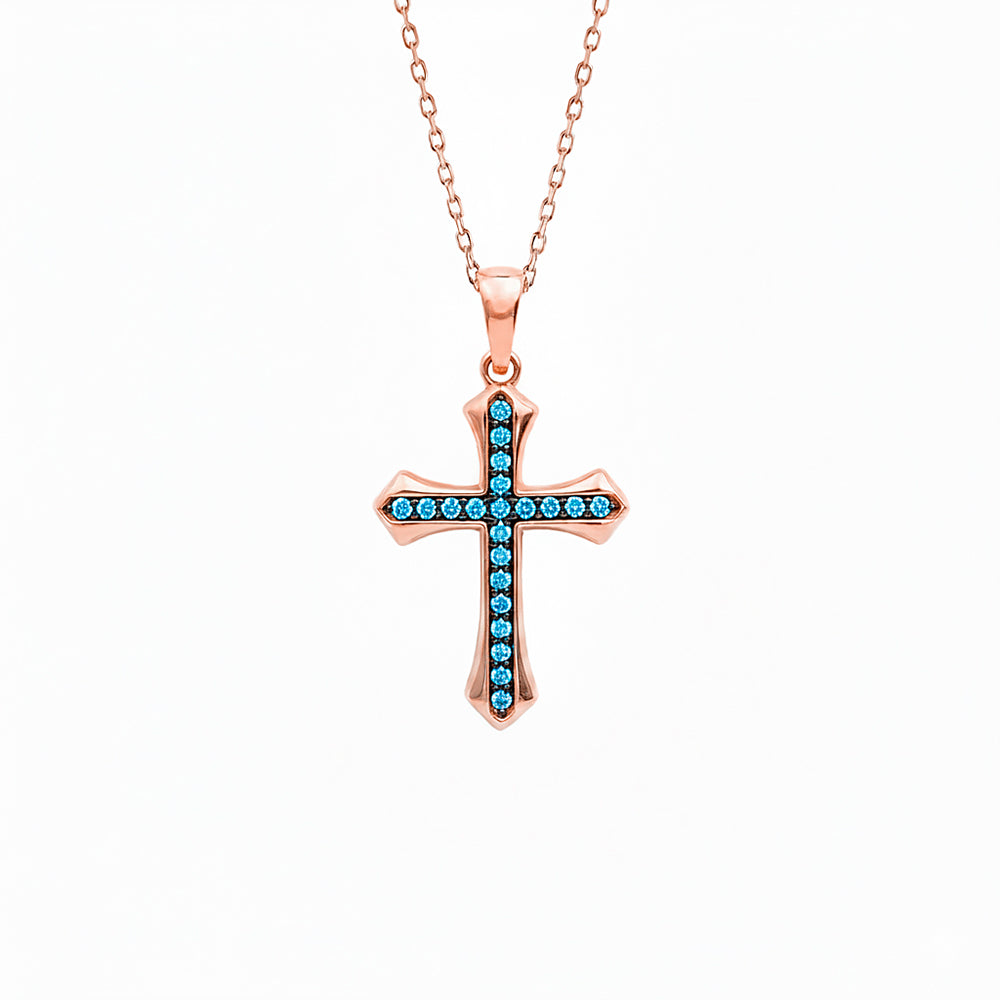 Vintage Inspired Aquamarine Cross Necklace / Natural Aquamarine Christian Necklace