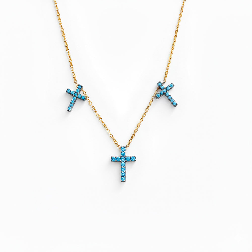 14K Gold Aquamarine Triple Cross Necklace / Layered Faith Necklace