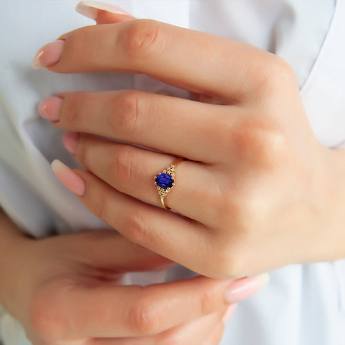 14K Solid Gold Oval Cut Natural Diamond Sapphire Ring