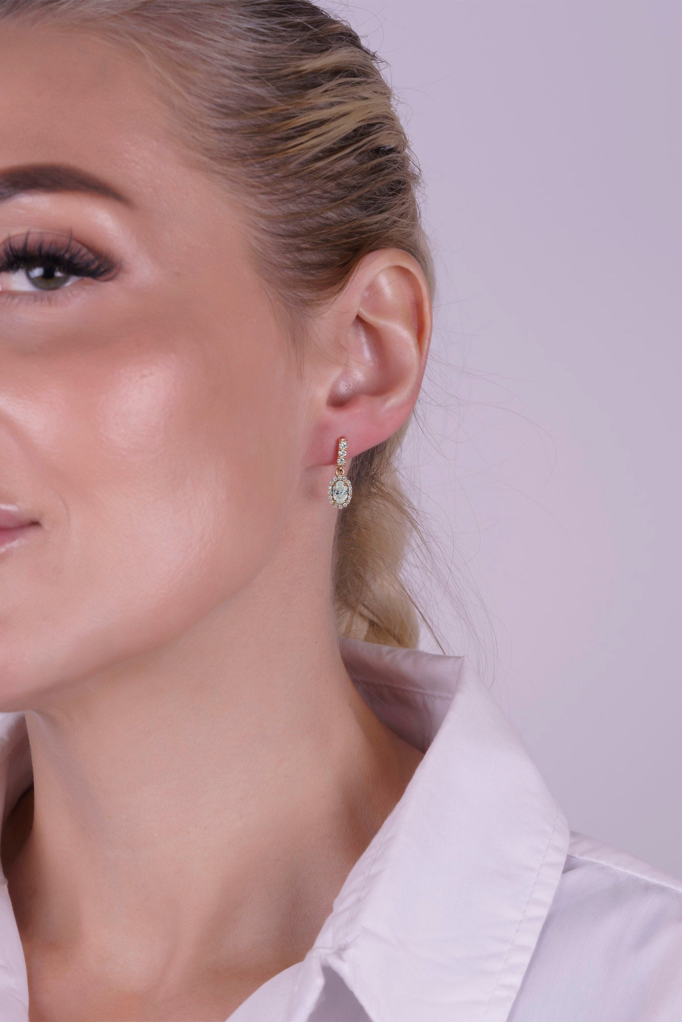 14K Gold White Sapphire Oval Earrings