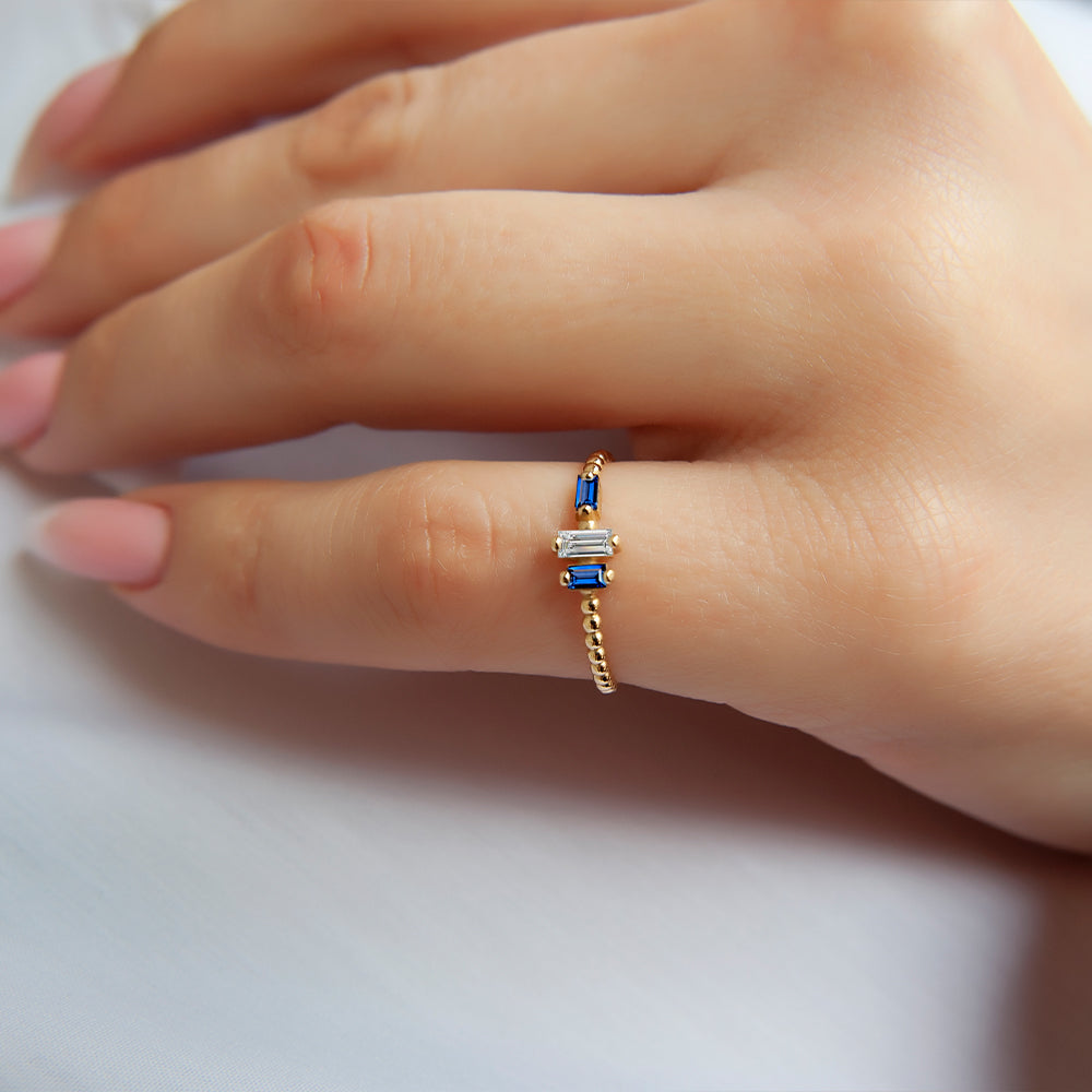 14K Gold Baguette Diamond Sapphire Ring