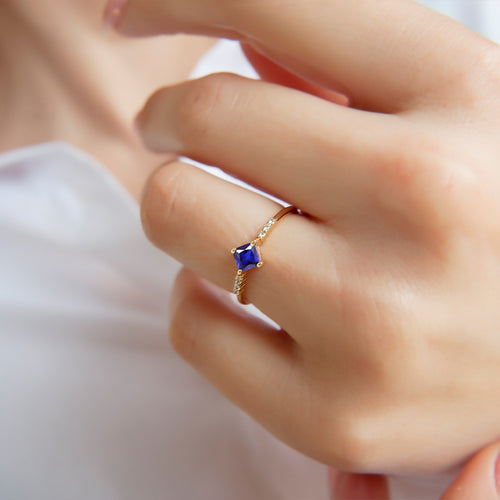 14K Gold Princess Cut Diamond Sapphire Ring