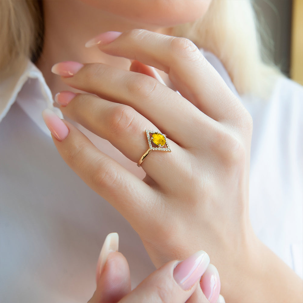 Kite Halo Citrine Ring / 14K Gold Yellow Gemstone Ring
