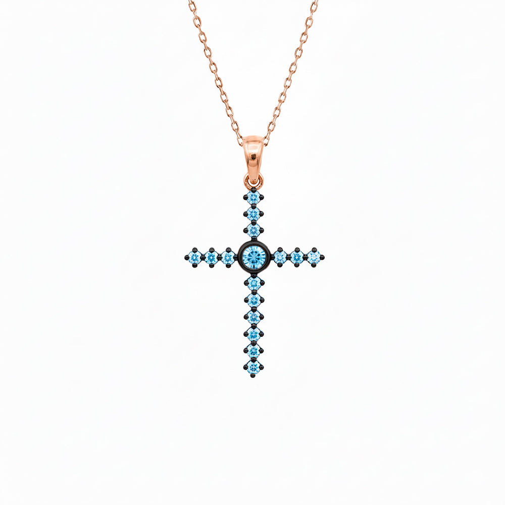 14K Gold Aquamarine Cross Necklace / Round Center Cross Pendant