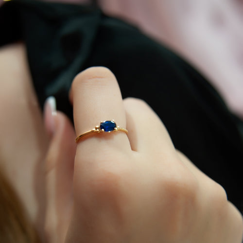 14K Solid Gold Oval Minimalist Natural Diamond Sapphire Ring