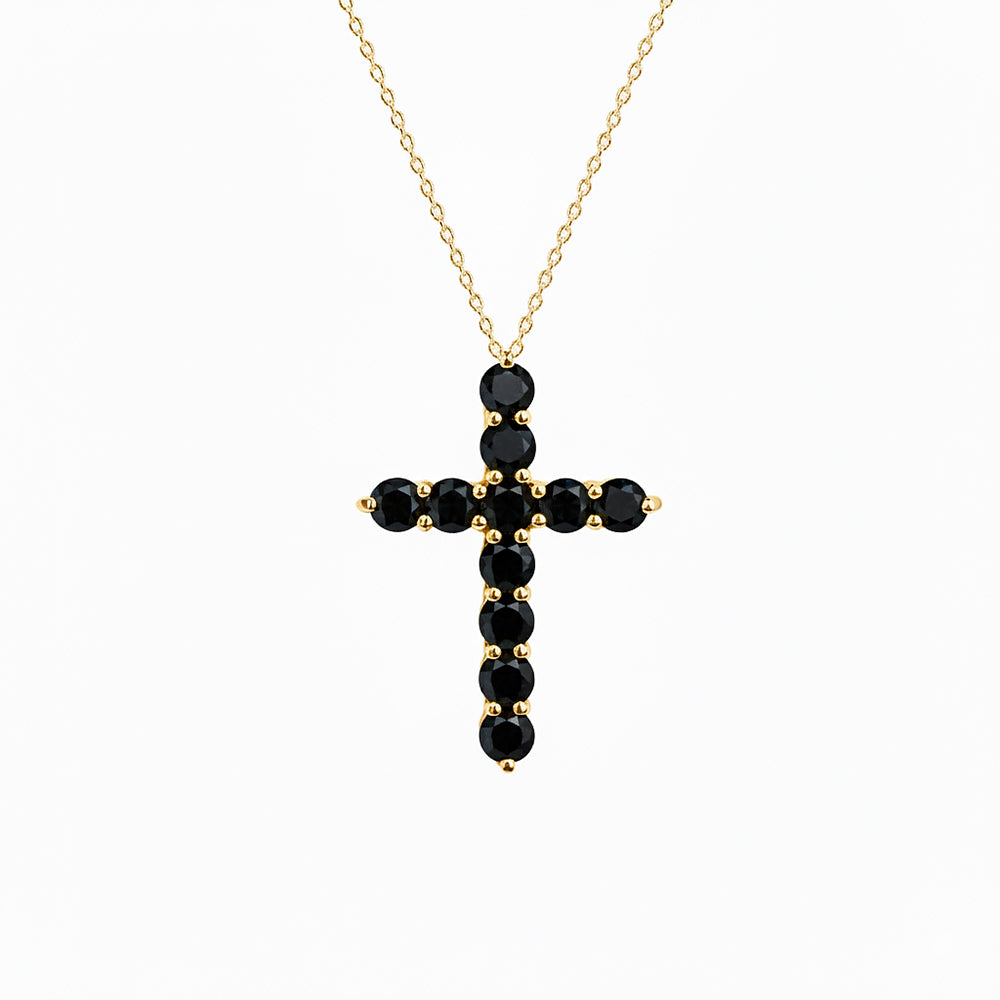 14K Gold Black Diamond Cross Necklace / Modern Religious Pendant