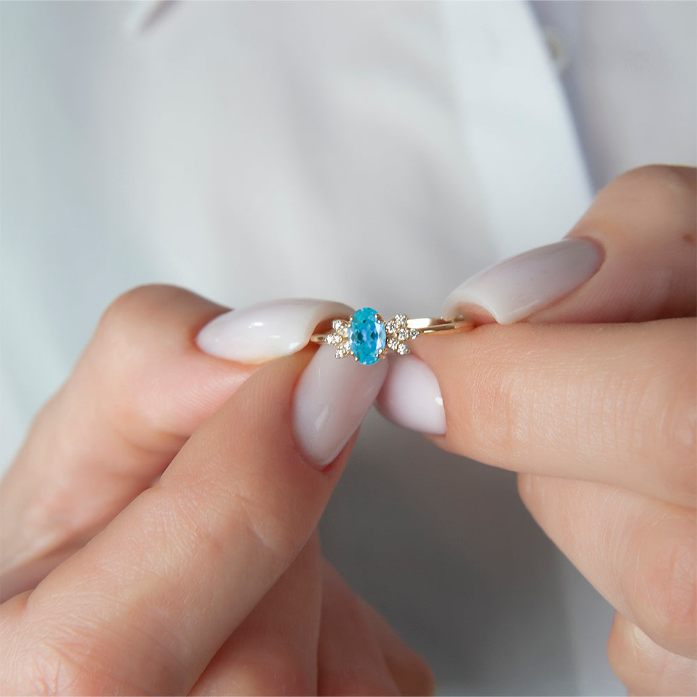 14K Gold Oval Aquamarine Ring / Diamond Wedding Ring