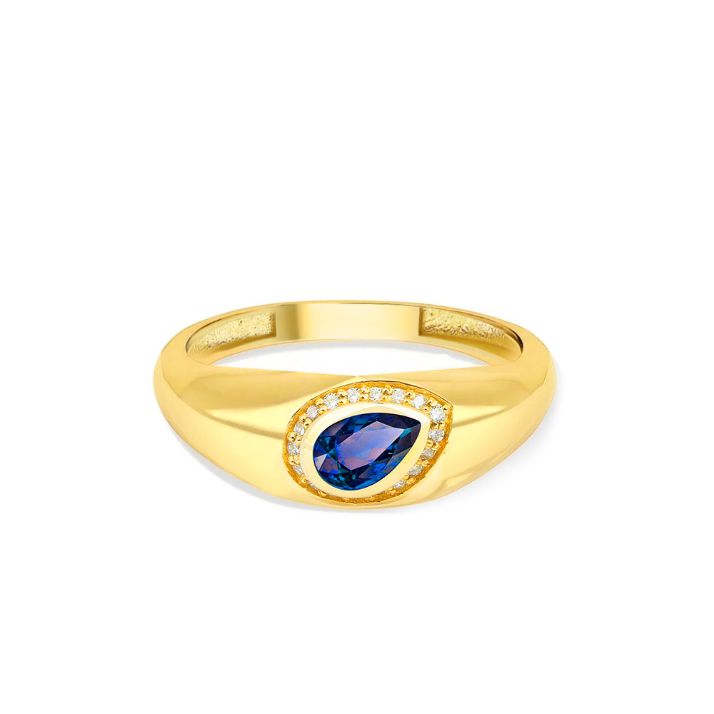 14K Gold Blue Sapphire & Diamond Pear-Shaped Signet Ring