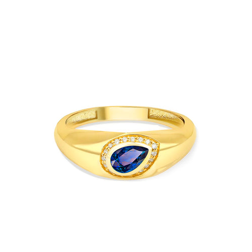 14K Gold Blue Sapphire & Diamond Pear-Shaped Signet Ring