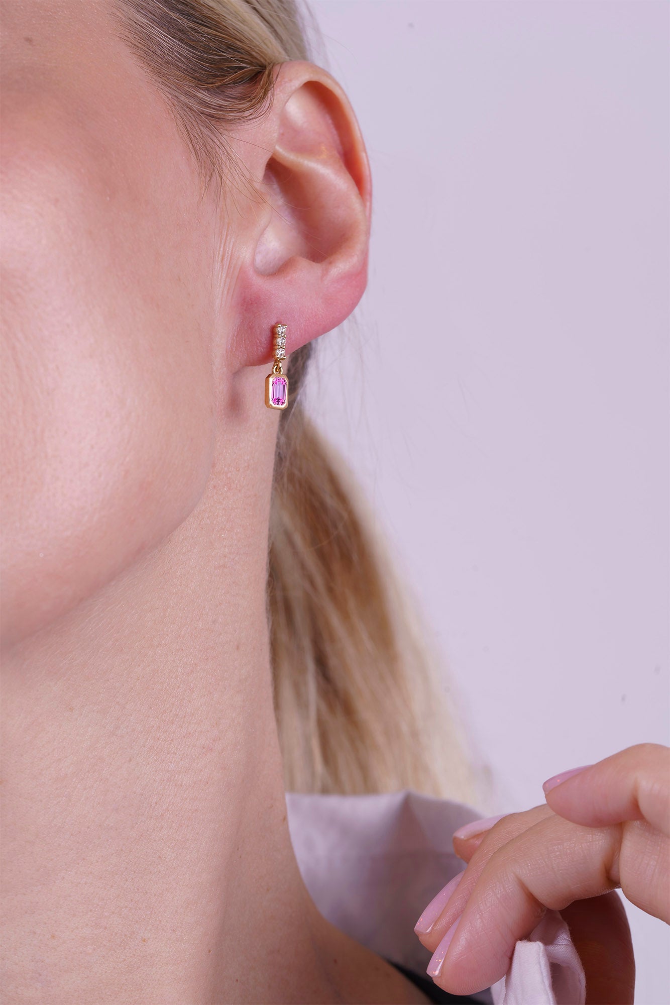 14K Gold Pink Sapphire Rectangular Earrings