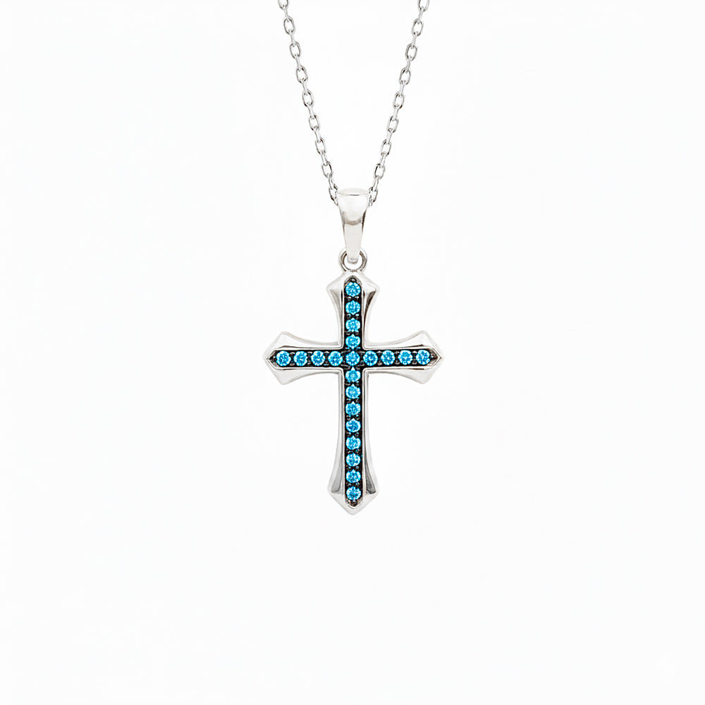 Vintage Inspired Aquamarine Cross Necklace / Natural Aquamarine Christian Necklace