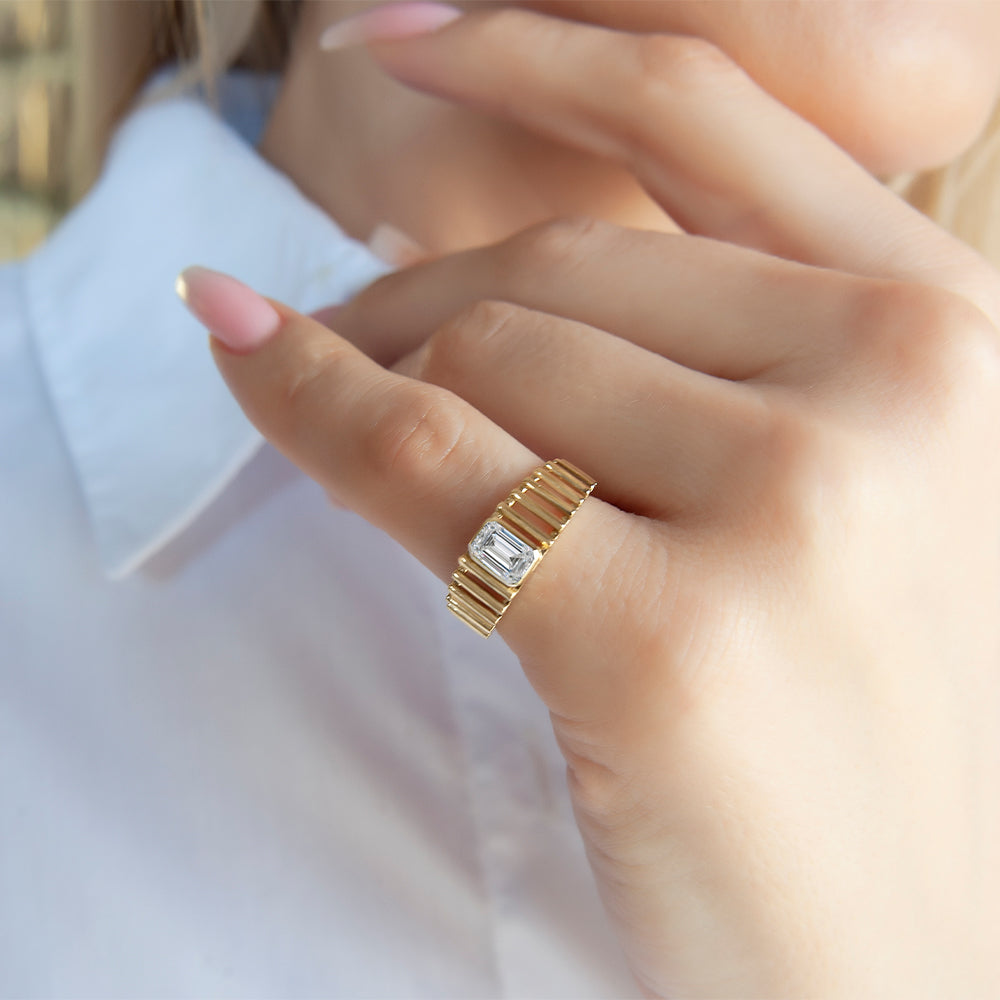 14K Gold Emerald Cut White Sapphire Ring