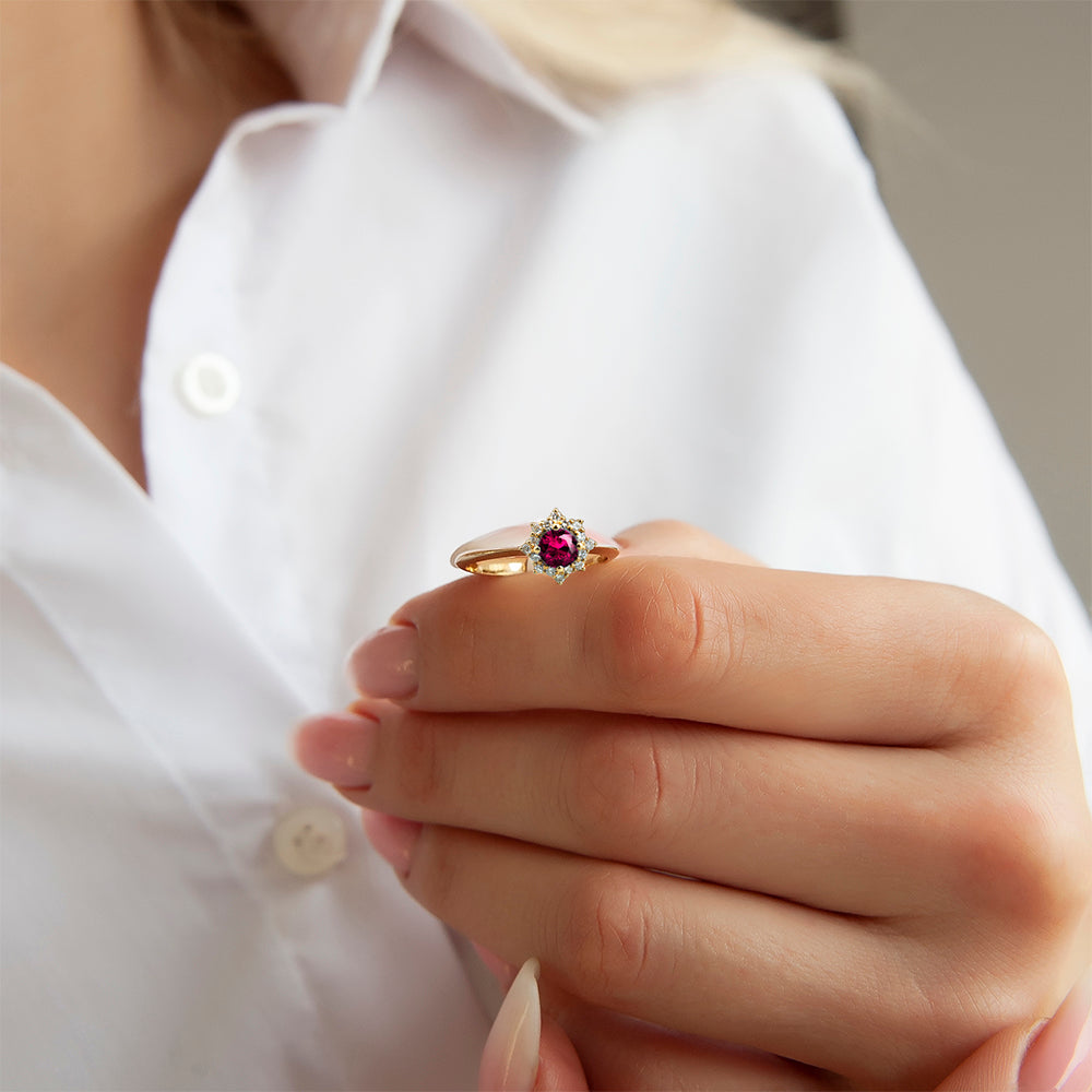 14K Gold Ruby Halo Ring / Diamond Wedding Ring