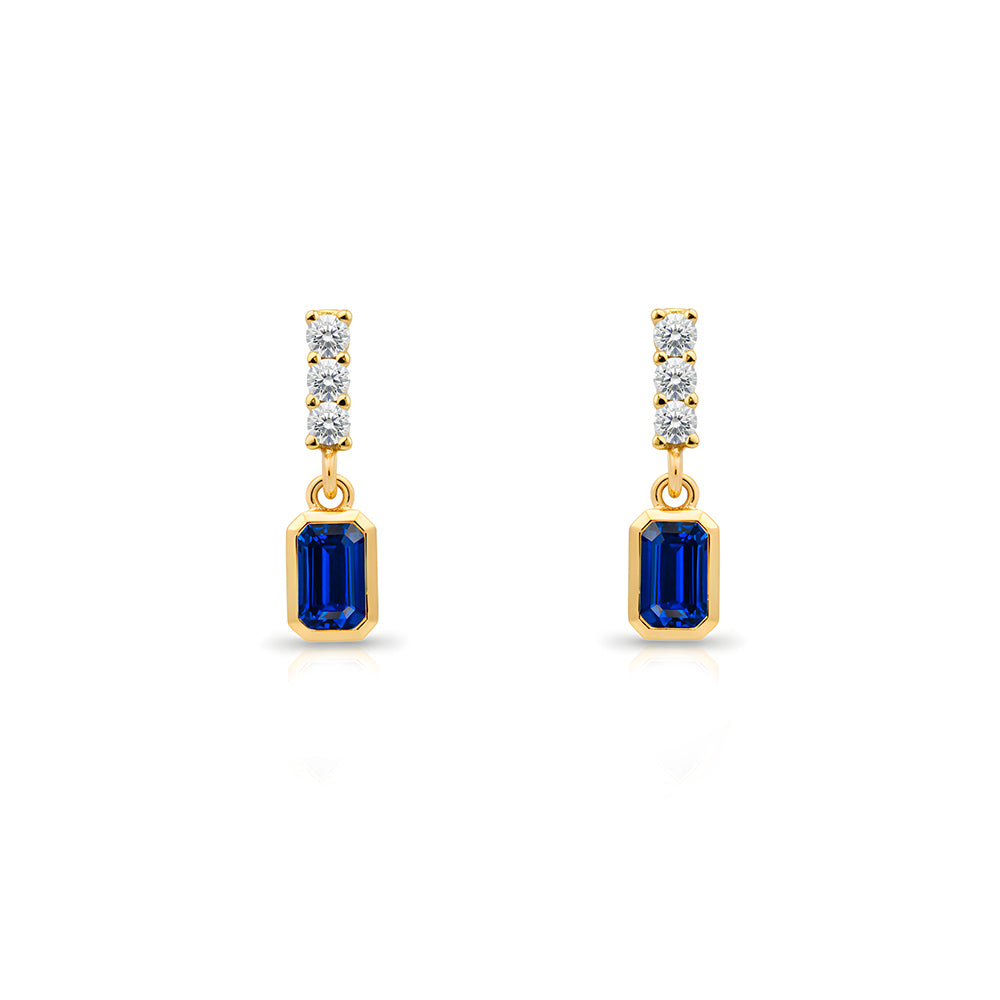 14K Gold Blue Sapphire Rectangular Earrings