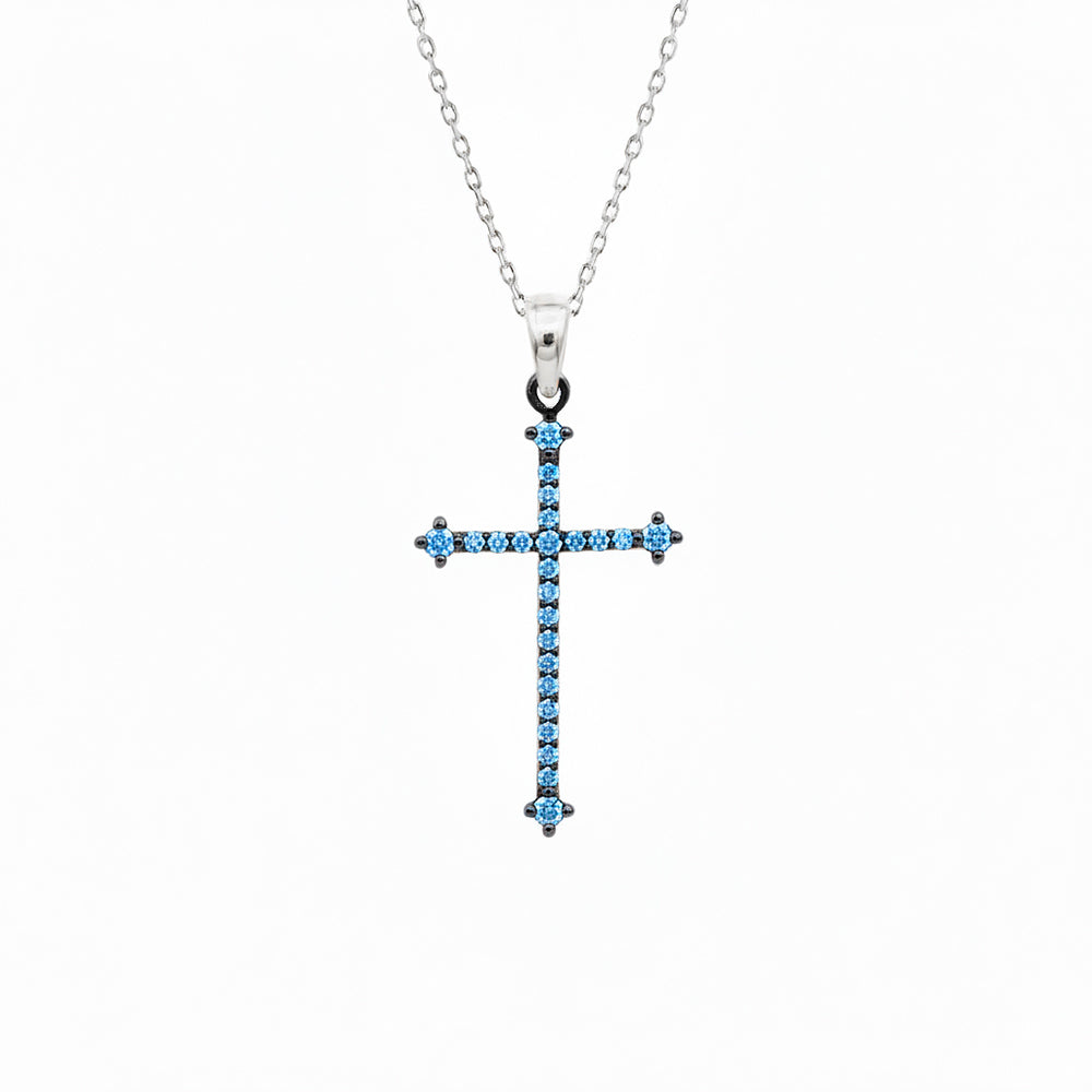 14K Gold Christian Cross Necklace / Aquamarine Birthstone Pendant