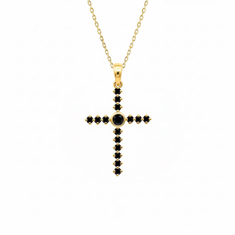 14K Gold Round Black Diamond Christian Necklace