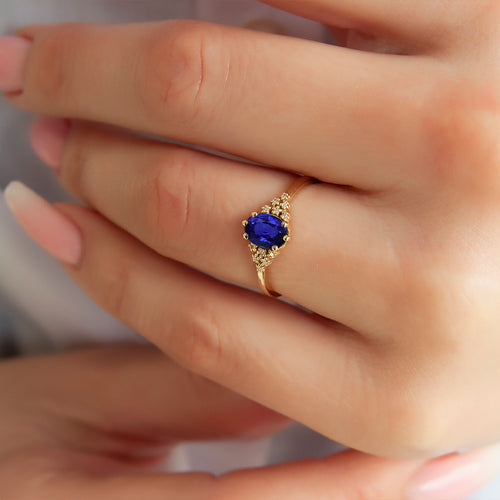 14K Solid Gold Oval Cut Natural Diamond Sapphire Ring