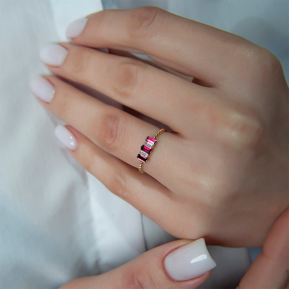 14K Gold Diamond Ruby Ring / Five Stone Baguette Setting
