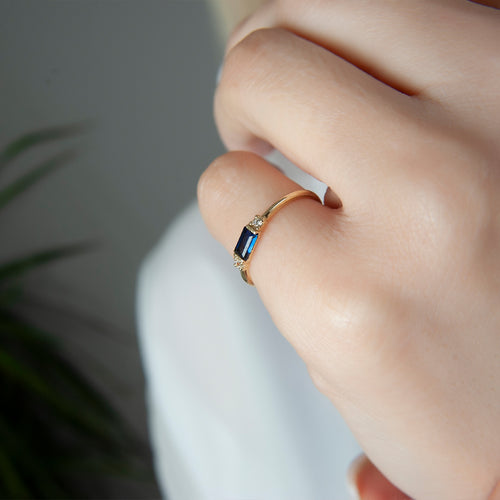 Baguette Sapphire Ring with Diamond Side Stones