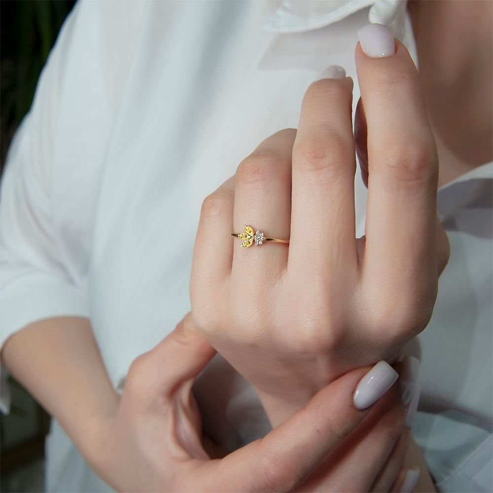 14K Gold Diamond Citrine Leaf Ring