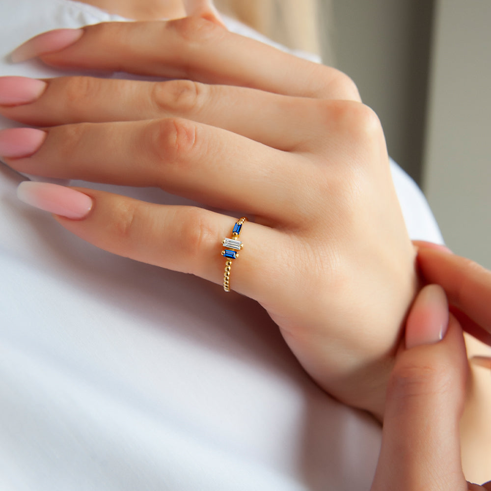 14K Gold Baguette Diamond Sapphire Ring