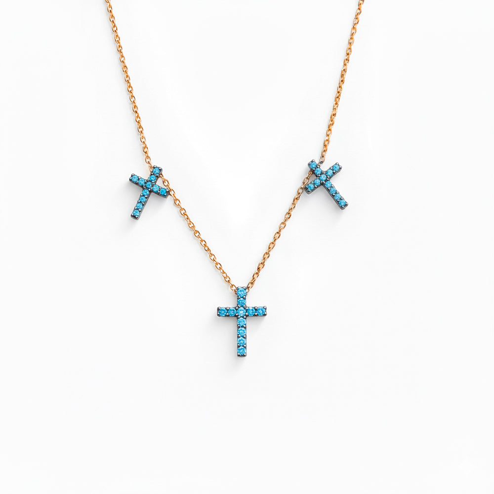 14K Gold Aquamarine Triple Cross Necklace / Layered Faith Necklace